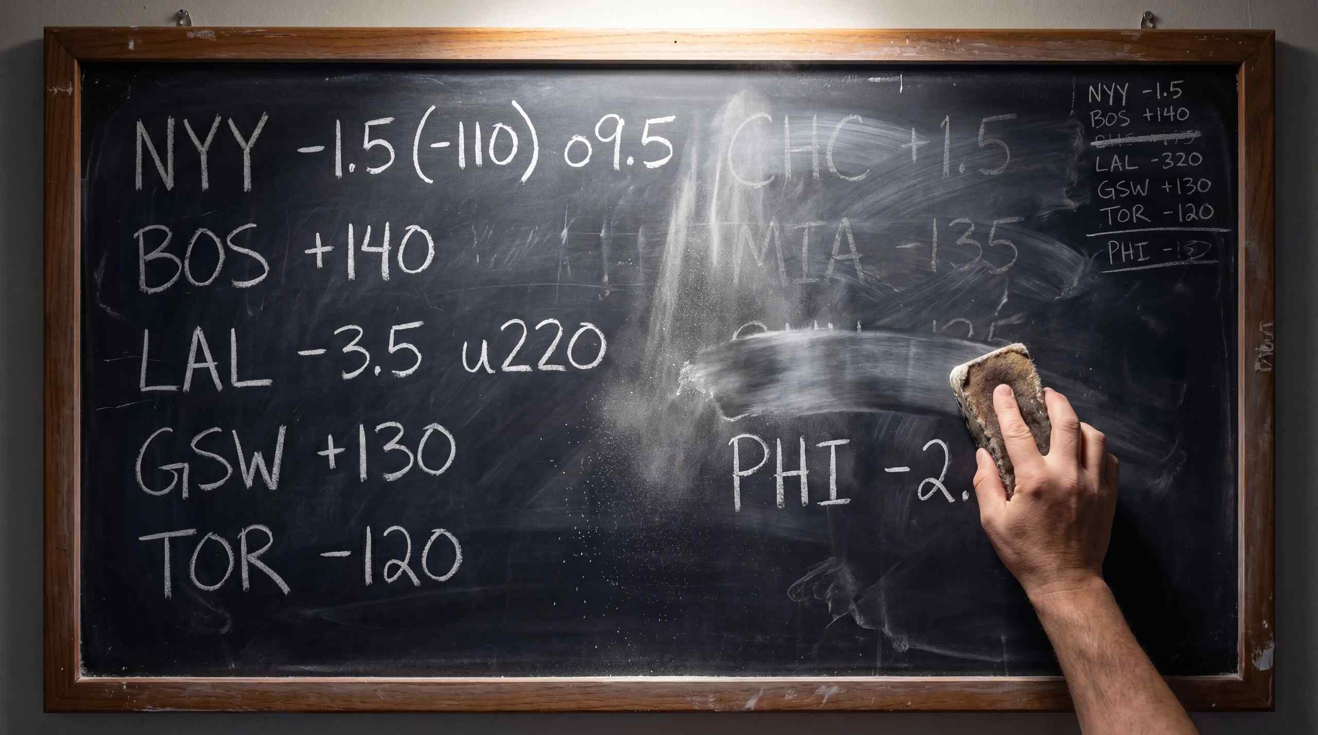 A chalkboard with lines on various matches.